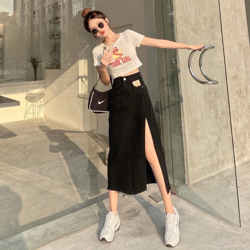 

Элегантная женская летняя дизайнерская юбка-бюстье с высокой талией и разрезом А-силуэта, универсальная удобная модная джинсовая юбка-бюстье XXL чёрный