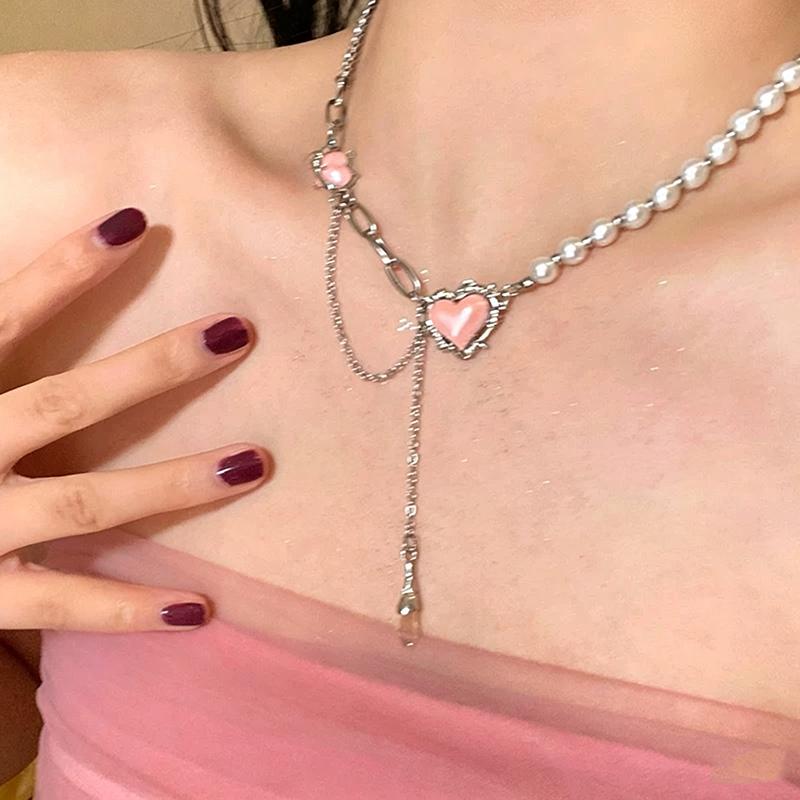 Hot Sale Pink Heart-Shaped Bead Pendant Necklace Trend Splice Imitation Pearl Beading Spicy Girl Clavicle Chain Y2K Jewelry Gift