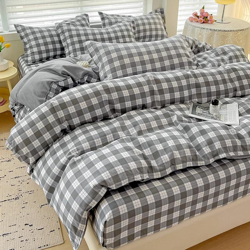 4 Piece, Cotton Bedding Set, 4 Piece Bed Sheet Comforter Set, Simple Striped Check Couple Bed Quilt Set