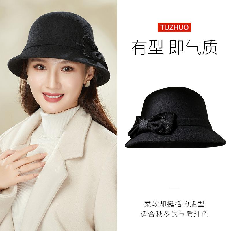 Autumn and winter mother hat mature women's wool woolen bow fashion top hat retro dome thermos hat