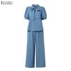 ZANZEA Women Short Sleeve Blouse and Pants Casual Two Piece Suit Sets