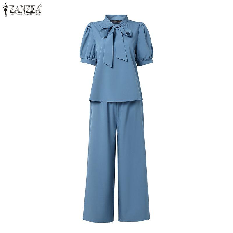 ZANZEA Women Short Sleeve Blouse and Pants Casual Two Piece Suit Sets
