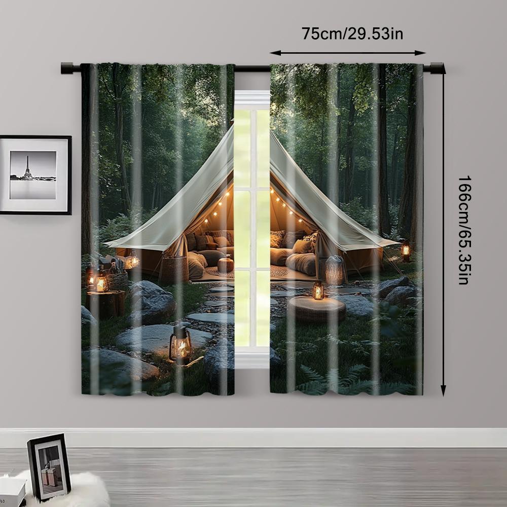 2pc,  Party Curtain Forest Scene Camping Machine Washable Fabric,Without Electricity Festive Backdrops Use for College Dormitory