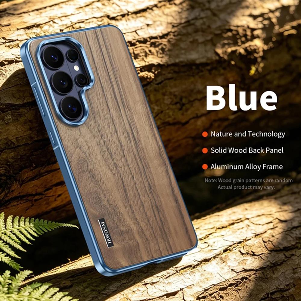 Luxury Alloy Solid Wood Back Panel Hybrid Phone Case For Samsung Galaxy S26 S25 S24 Ultra Aluminum Alloy For Magsafe Wireless Charging Cover