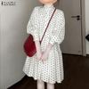Women Stand Collar Loose Casual Long Sleeve Polka Dots Printed Dress