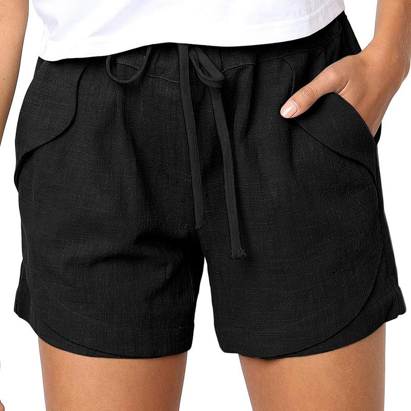 

Повседневные шорты для женщин, эластичные шорты с высокой талией на шнурке. Удобные дышащие легкие летние спортивные шорты с карманами для работы, отдыха, пляжа L чёрный