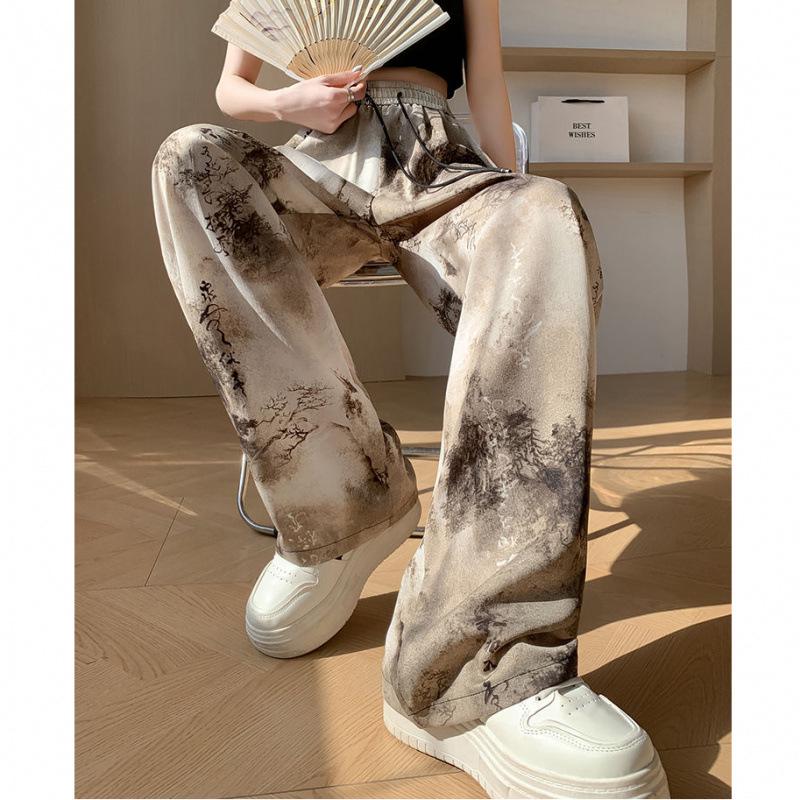Chinese Style Ink Wash Tie-Dye High-Waisted Wide-Leg Ice Silk Pants for Women