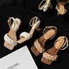 2025 summer new twist woven sandals women's high heel square head French retro word with buckle fashion women's shoes