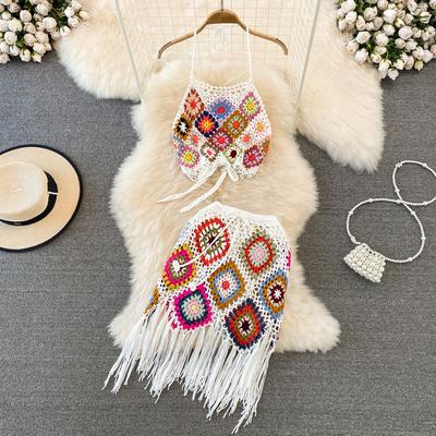 Strand Urlaub Retro Gestrickte Set Frauen Halter Mini Camis Weste + Kurze Quaste Rock Mode Sommer Sexy Zwei Stücke Anzug