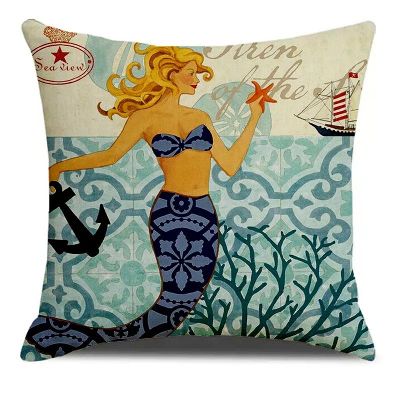 Marine Animal Mermaid Sea Starfish Seahorse Print Square Pillowslip  Blend Cushion Cover Pillowcase Living Room Home Decor