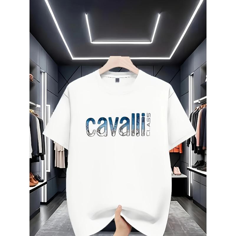 Evropské velikosti Pánské Stylové Sportovní Tričko s Krátkým Rukávem a Kulatým Výstřihem s Pohodlným A Všestranným Modrým Potiskem 'Cavalli', Ideální na Léto