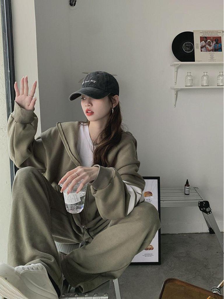 Korean Style Women's Tracksuit Set - Loose Zipper Hoodie Casual Fashion for Autumn/Spring
