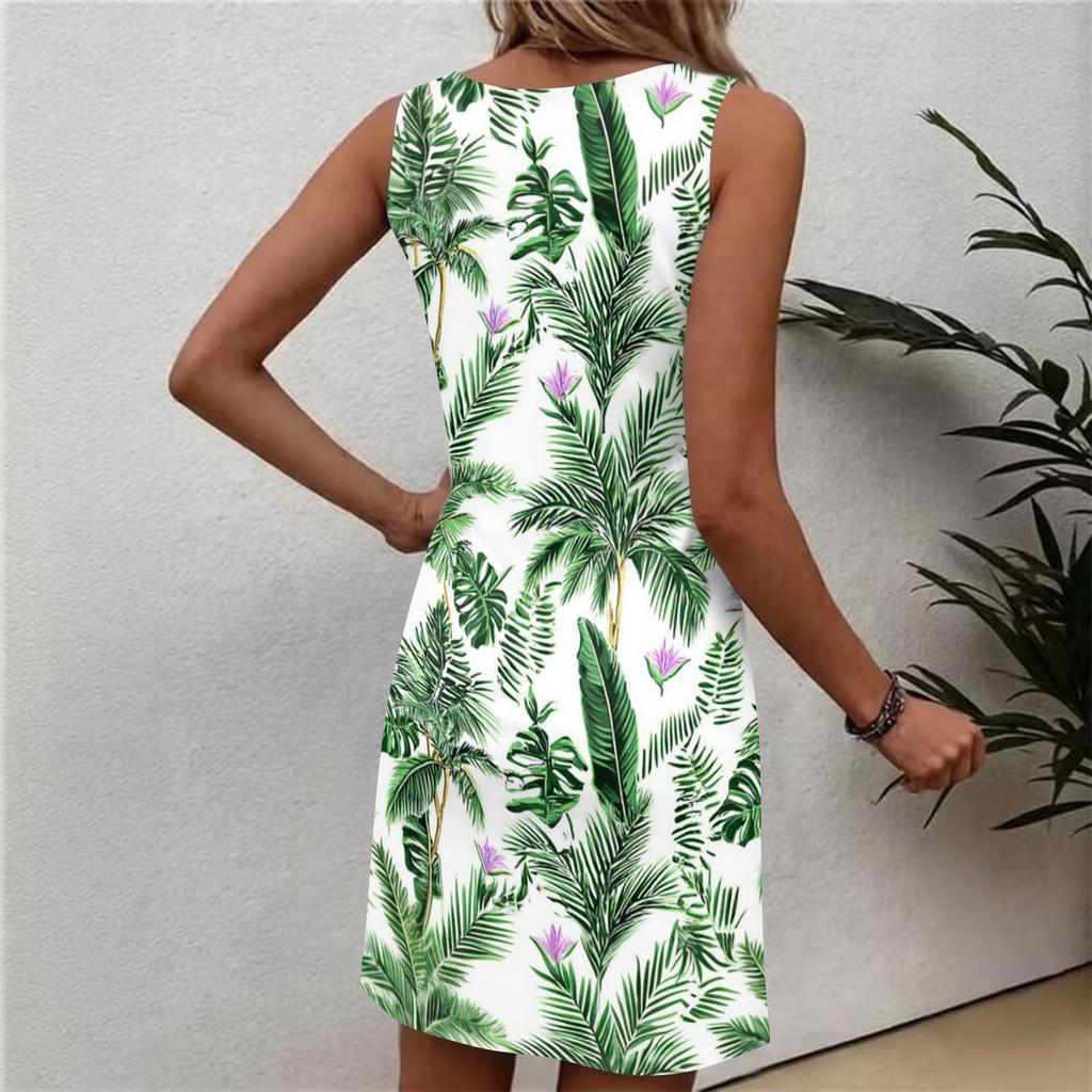 Robe d'été décontractée à fleurs pour femme, col rond, sans manches