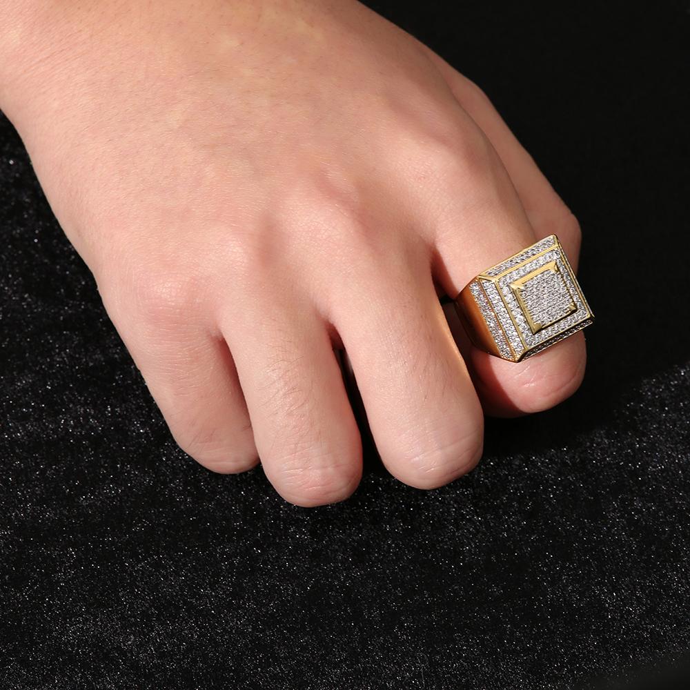 Popular Square Shape Ring Bling Iced Out Zircon Ring Hip Hop Men's Unisex Brass Gold Plated CZ Engagement Wedding Eternity Rings