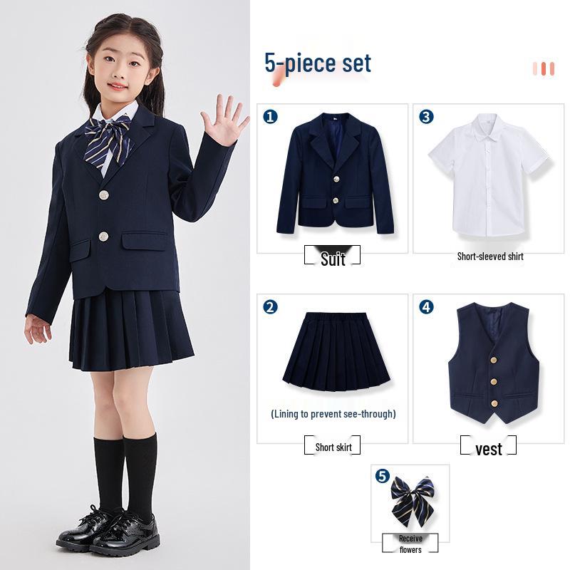 Spring/Summer Kids' British College Style Navy Blue Kindergarten Uniform Set for Performances