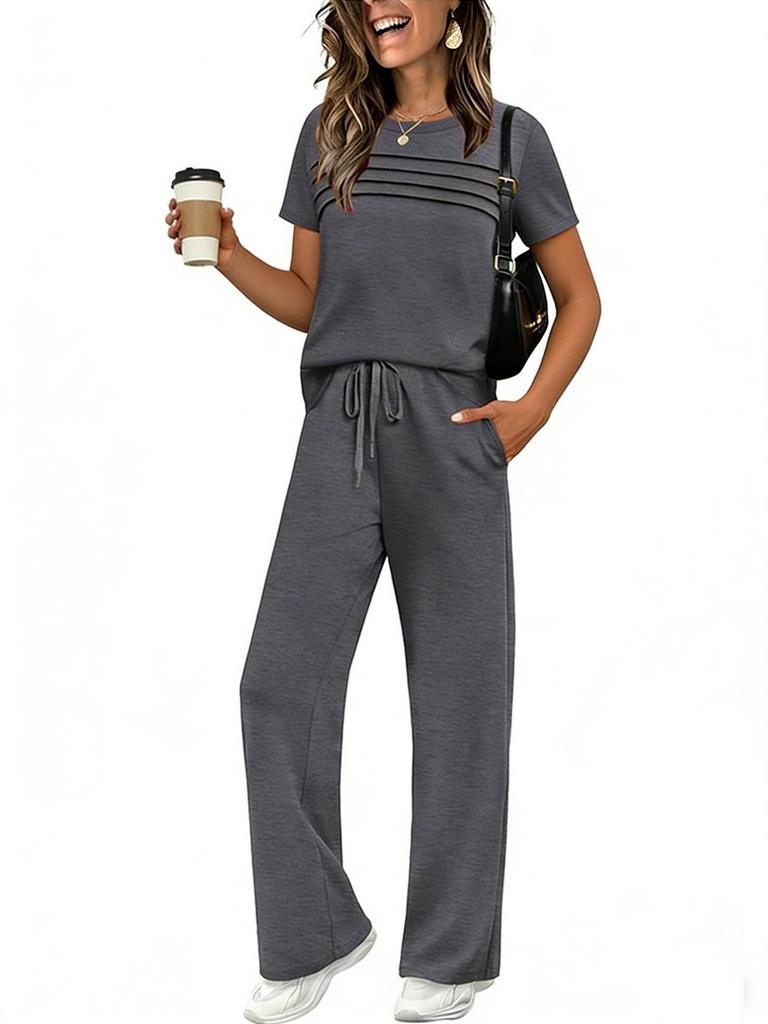 2026 New Spring-Summer Women's Casual Set: Short Sleeve Top & Wide Leg Long Pants