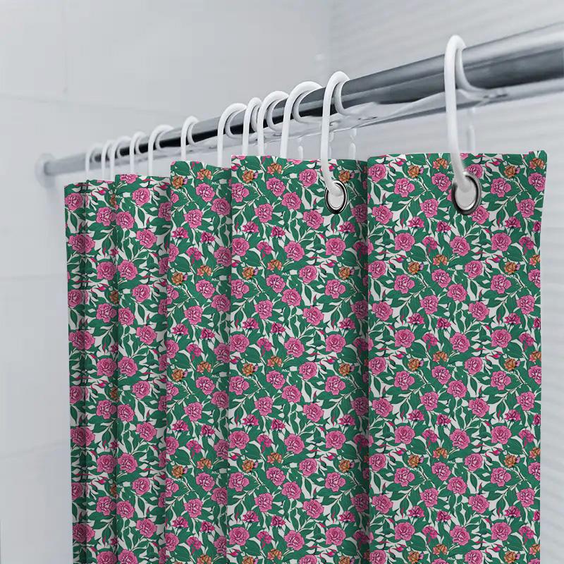 Green Floral Pattern Waterproof Shower Curtain Bathroom Decor Accessory With Hooks Pink Flowers On Green Background, Modern Desi