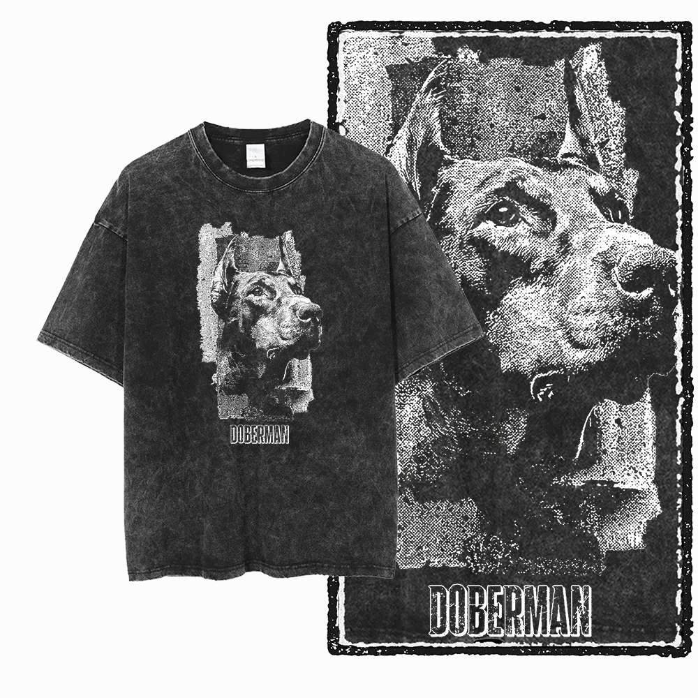 DoberUnisex Dog Vintage Graphic Printed Washed Distressed Big Size Black Cotton Unisexs Retro TShirt G