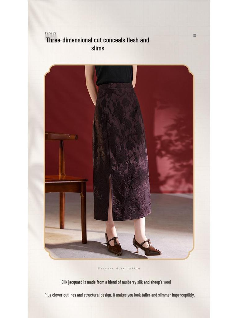 Autumn 2025 Women's Silk Jacquard Retro Slit Bodycon Midi Skirt