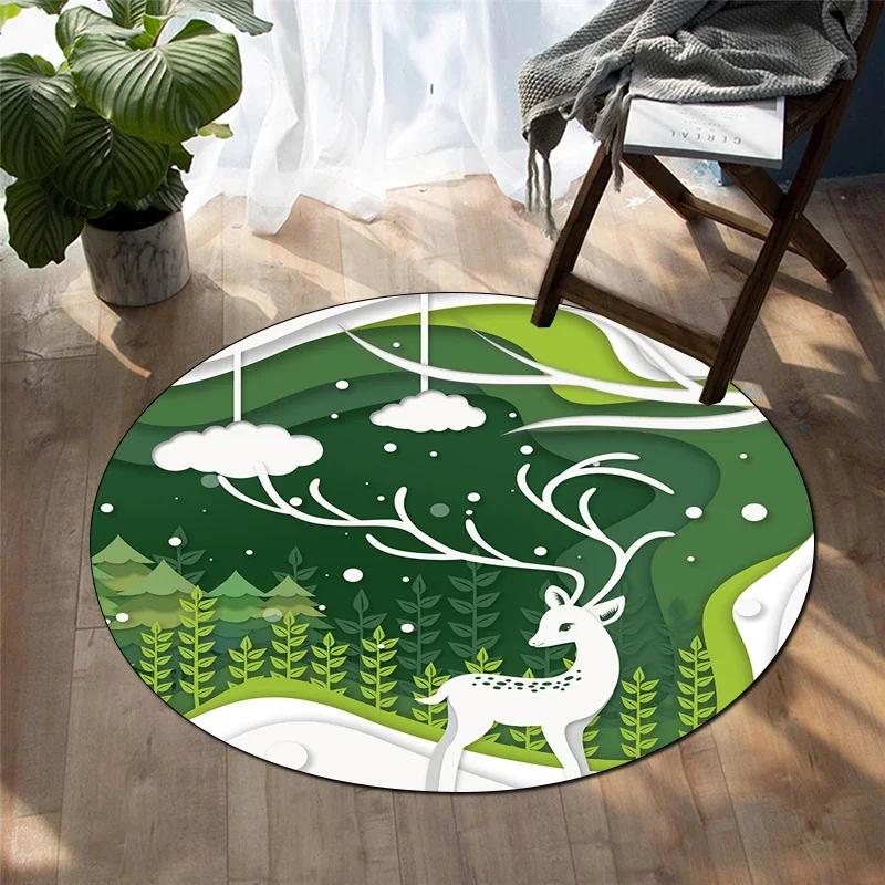 Forest Deer Round Carpet Soft Cartoon Rug Non-Slip Circle Floor Mat for Living Room Bedroom Sofa Bathroom Children's Dorm Decor