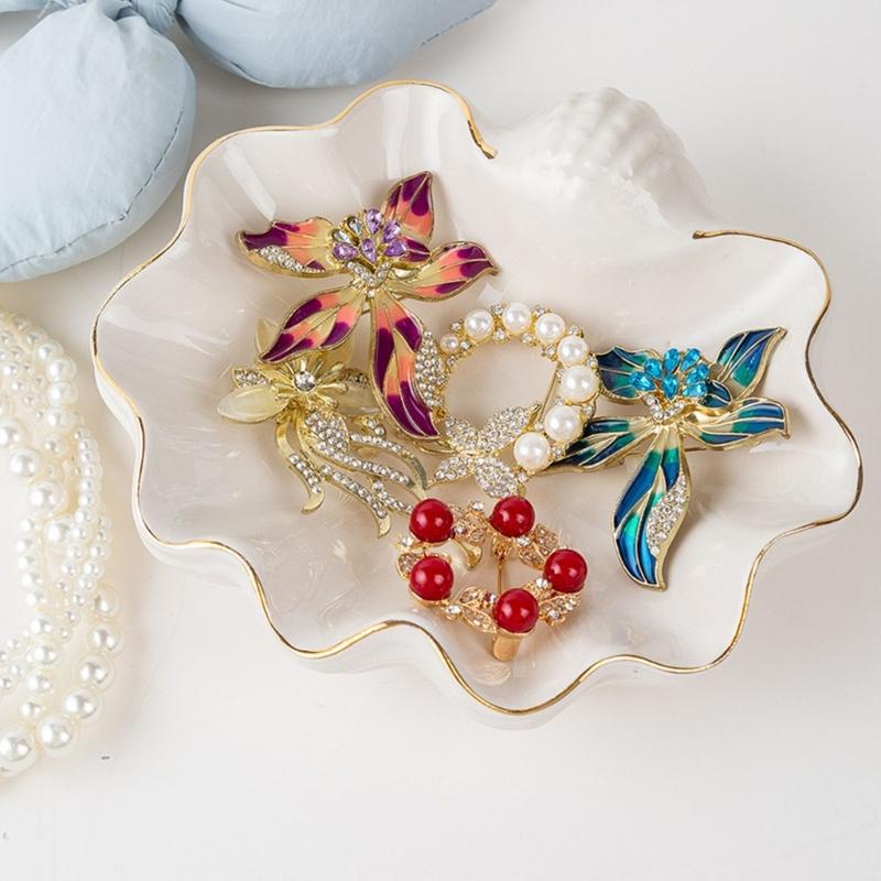 White Ceramic Shell Shaped Jewelry Tray Holder with Irregular Designs Perfect for Storing Necklaces Bracelets Earrings Rings