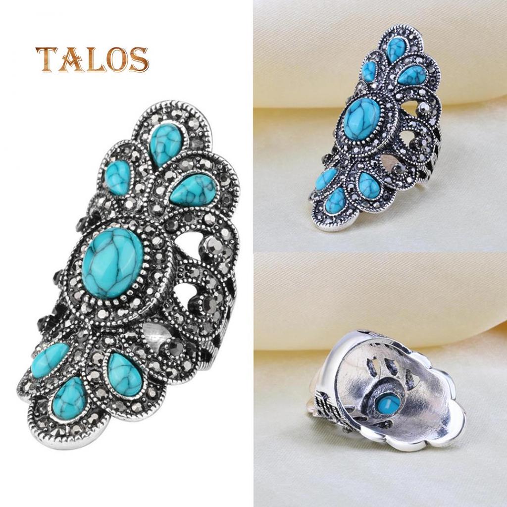Vintage Inlaid Turquoise Crystal Stone Finger Ring Male Female Rings Hollow Party Symmetric Jewelry
