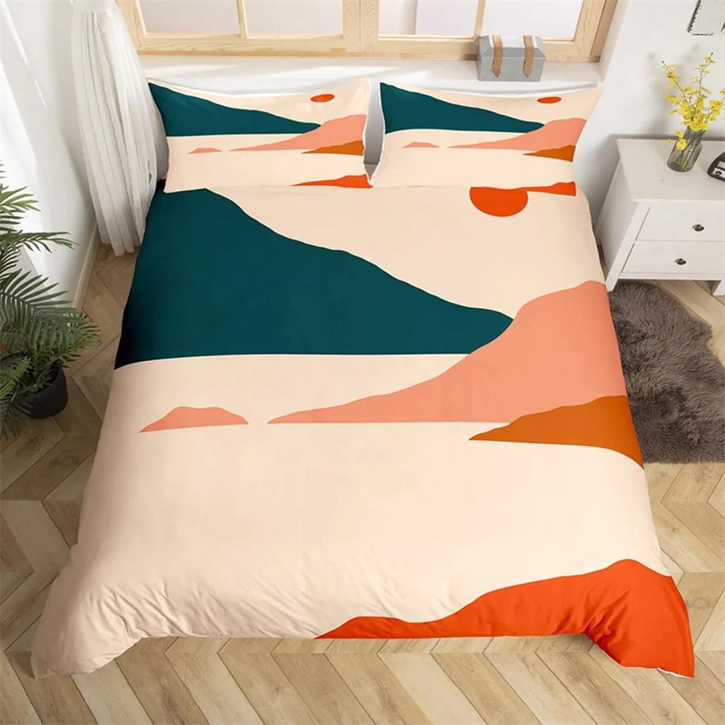 Bondgårdsstil King Queen Abstrakt Landskap Påslakan Mikrofiber Mellankrigstida Svart och Guld Quiltöverdrag Sovrumsdekorationer