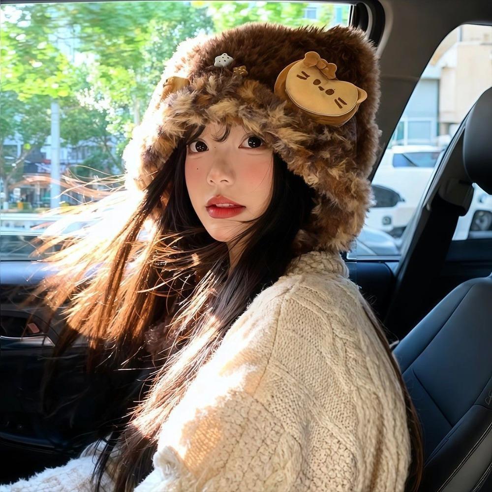 Women’s Hat Plush Earflap Beanie - Autumn Winter Knit Hat - Warm Cold Weather Protection - Lei Feng Hat Style