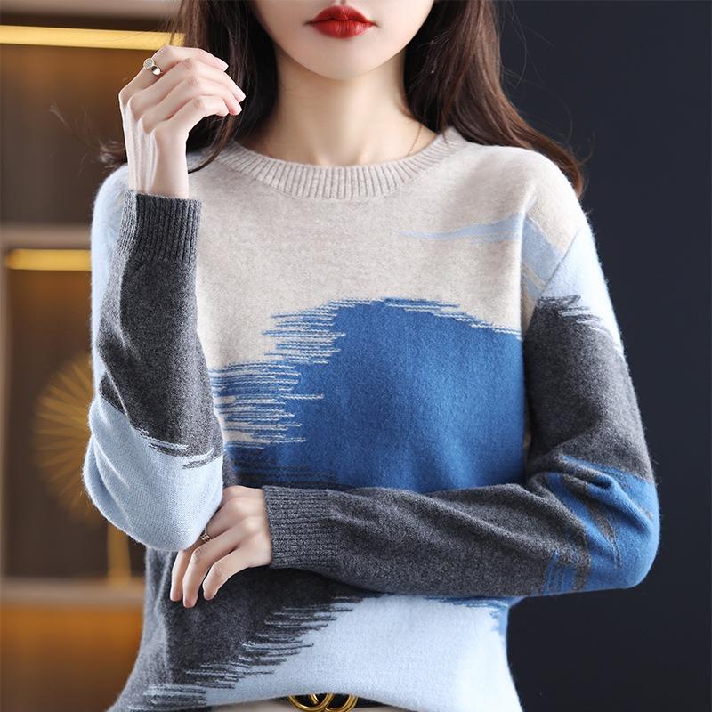 Women's Spring and Autumn New Crew Neck Bottoming Shirt Loose Color Matching Pullover Sweater Women's Knitted Sweater