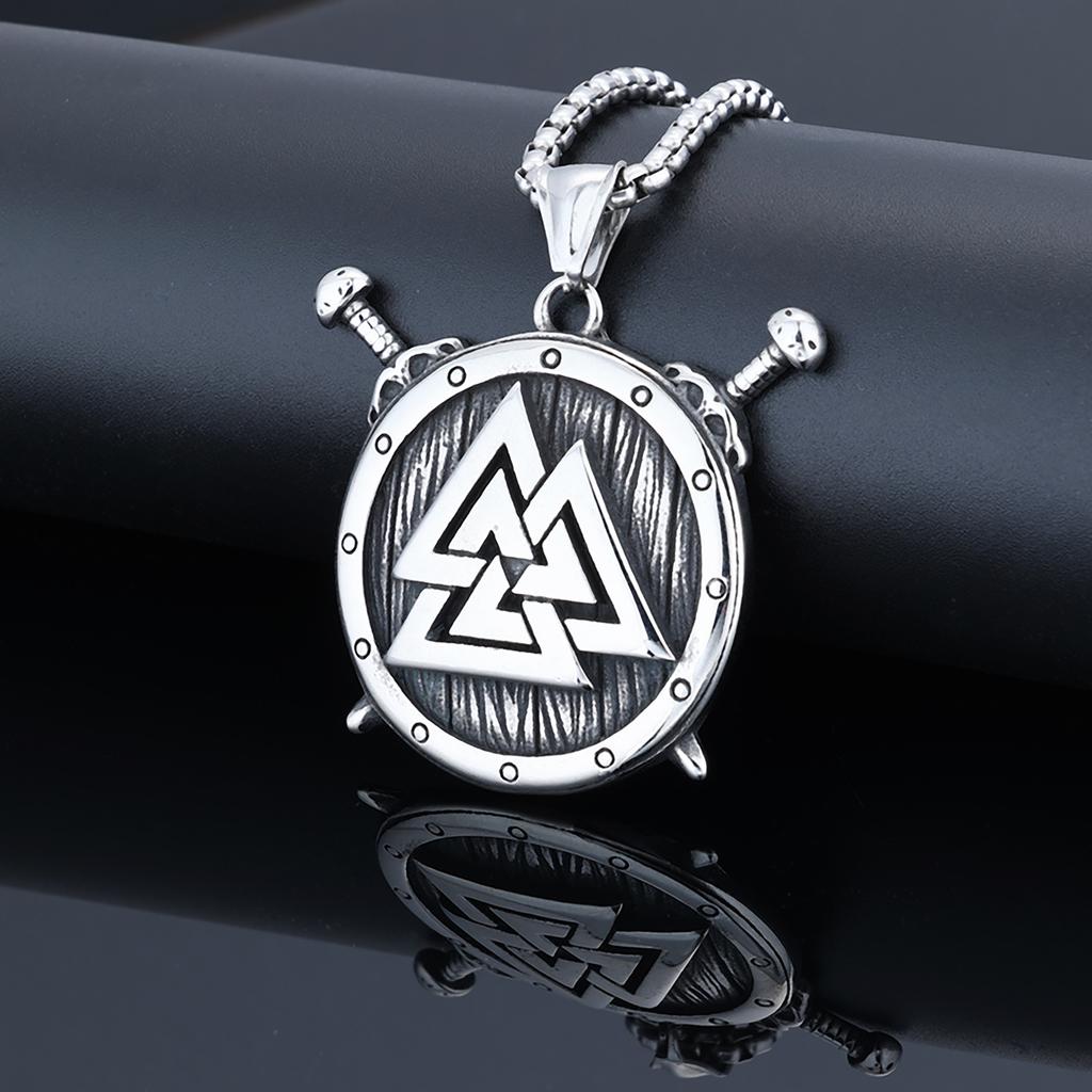Viking Double Sword And Shield Pendant Necklace Stainless Steel Jewelry For Men Women
