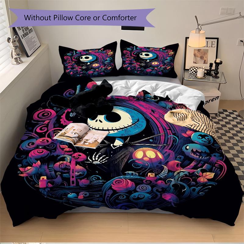 3pcs Fantasy Jack Skellington Bedding Set Includes Quilt Cover and Pillowcases, Suitable for All Seasons B028