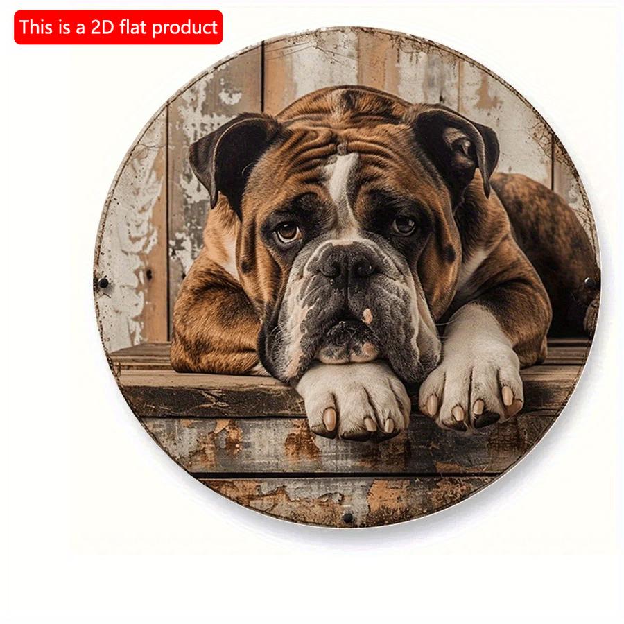2d Flat 20*20cm Wooden Sign, Circular Wreath Sign Dormitory Decoration Gifts, Bulldog Themed Decoration, for Home, Kitchen, Garden, Bedroom, Bar Decor