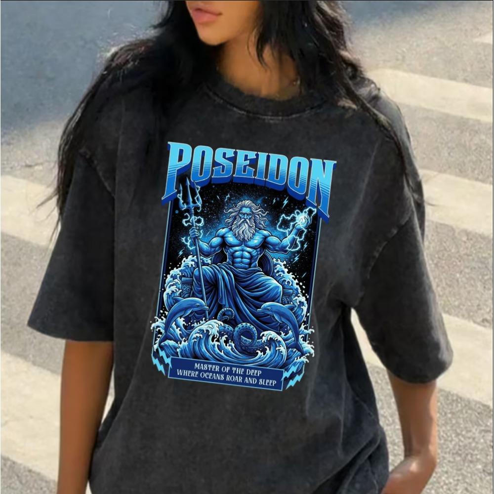 Washed Black Religious Mythology Graphic T-Shirt, Jesus Poseidon Archangel Michael Print Casual Top