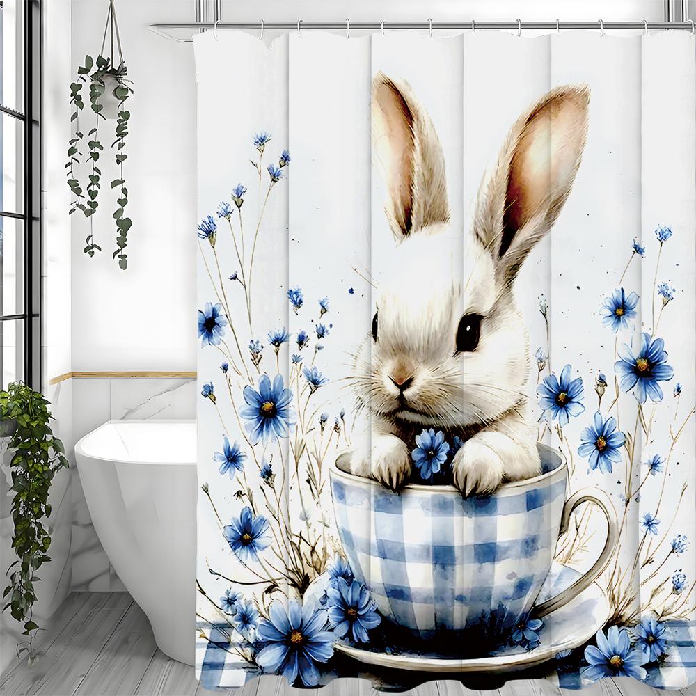 

Занавеска для душа с кроликом, Кролик с узором животного в чашке с маленькими голубыми цветами, Занавески для ванной комнаты для домашнего декора, Водонепроницаемые, Поли 90*180cm