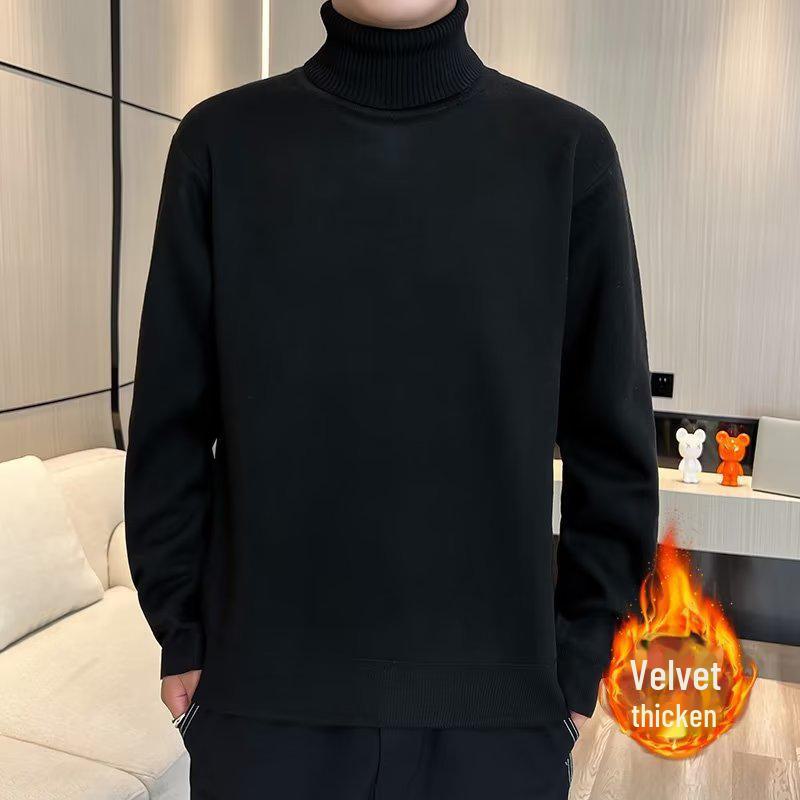 Men's Solid Color Knitted Turtleneck Sweater - Warm Velvet, Autumn/Winter Style, Mid-neck Design