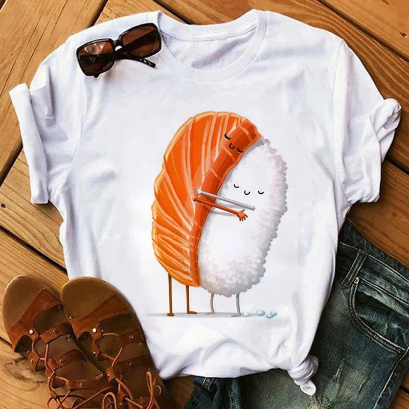 Cute Sushi hug Women T-shirts Summer black Short Sleeve T shirt girl femme O-Nock Kawaii Clothing Top tee Ladies Harajuku Tshirt