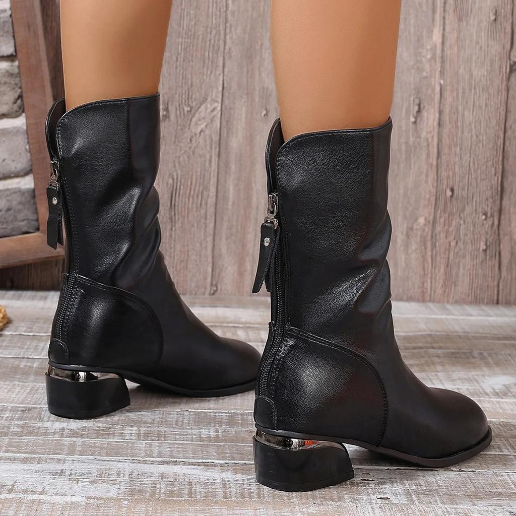 Medium Heel Black Fashion Boots 2024 Not Knee Mid-calf Back Zip British Style Botas Mujer Casual Versatile Winter Shoes Women