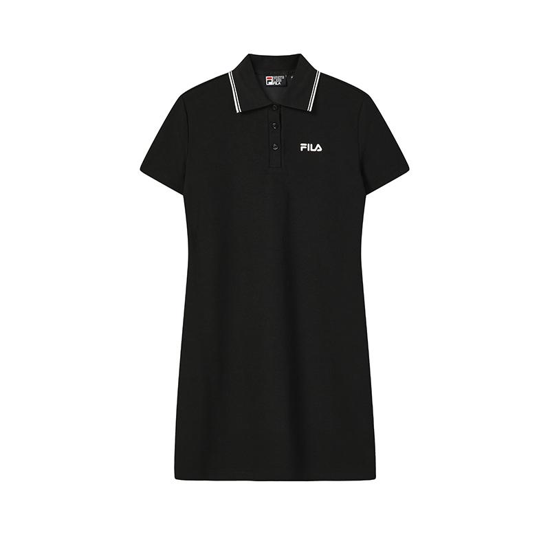 FILA Original Fashion Simple Basic Classic Retro Casual Relaxed Versatile Comfortable Polo Collar Short Sleeve Dress Women dresses Black F51W629306FBK