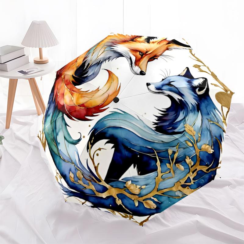 

1pc Yin Yang Foxes: Auto-Open Close Cartoon Practical Umbrella - Portable 3-Fold Design, 8-Bone Iron Frame Outdoor Umbrella - Perfect Festival Gift fo