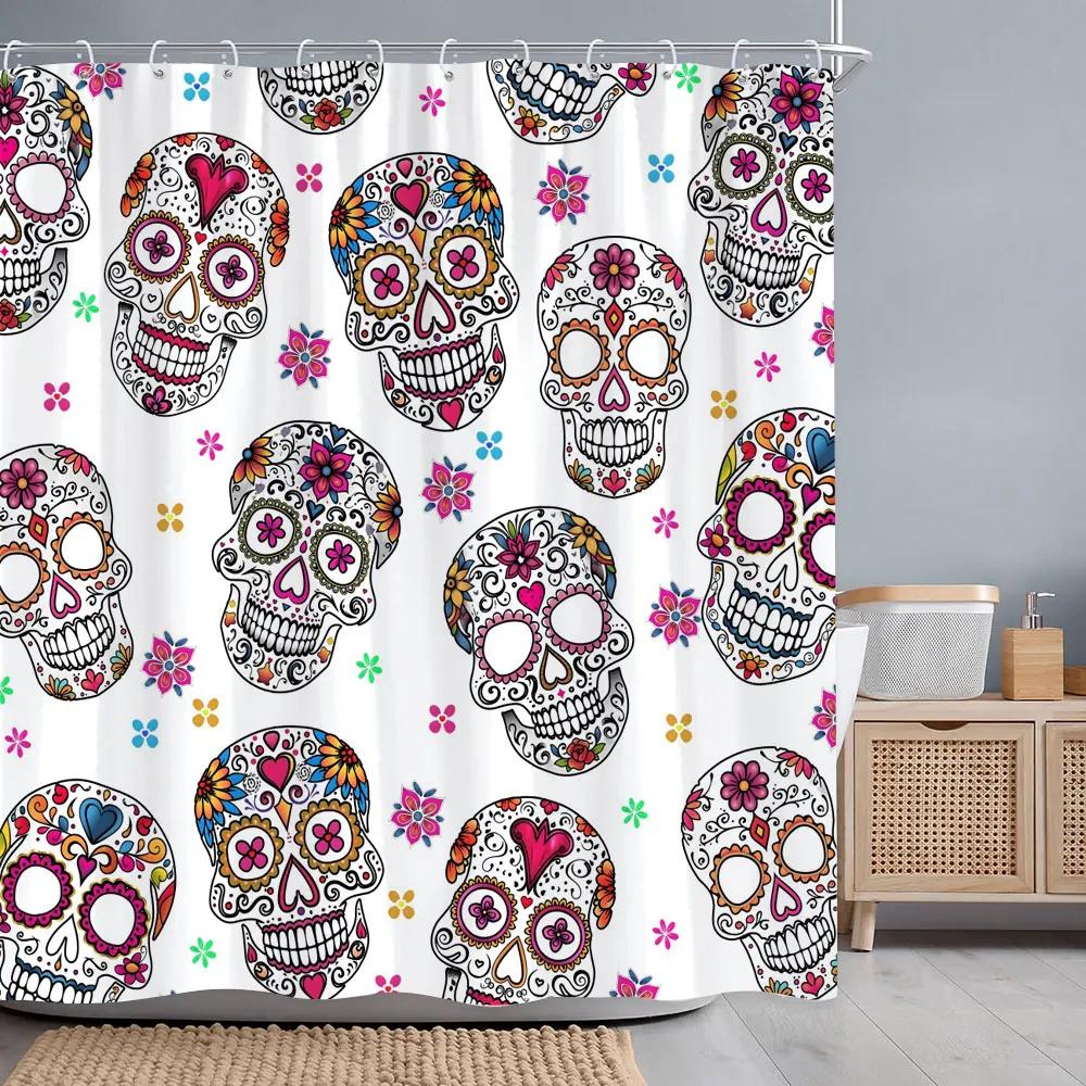 Halloween Skulls Roses Shower Curtain Horror Skulls Crows Red Flowers Polyester Fabric Shower Curtains Bathroom Decor with Hooks