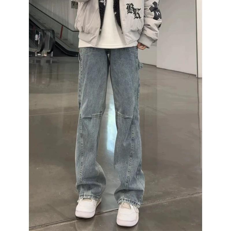 Retro Blue American Diagonal Cut Micro-pull Jeans Men's Trendy Brand New Thin Straight Niche Design Tooling Pants