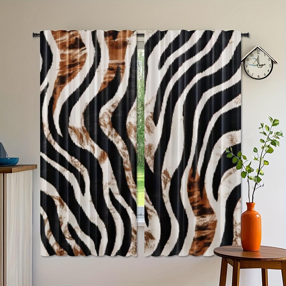 2pcs Tiger Light Filtering Curtains - Semi-Sheer Window Drapes with Rod Pocket   Black & White Animal Print Window Treatments for