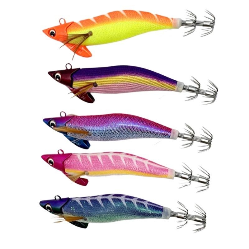 Bionic Luminous Squid Jig Hooks Lead Head Wood Shrimp Egi Lures High Penetration for Octopus Cuttlefish Sea Fishing