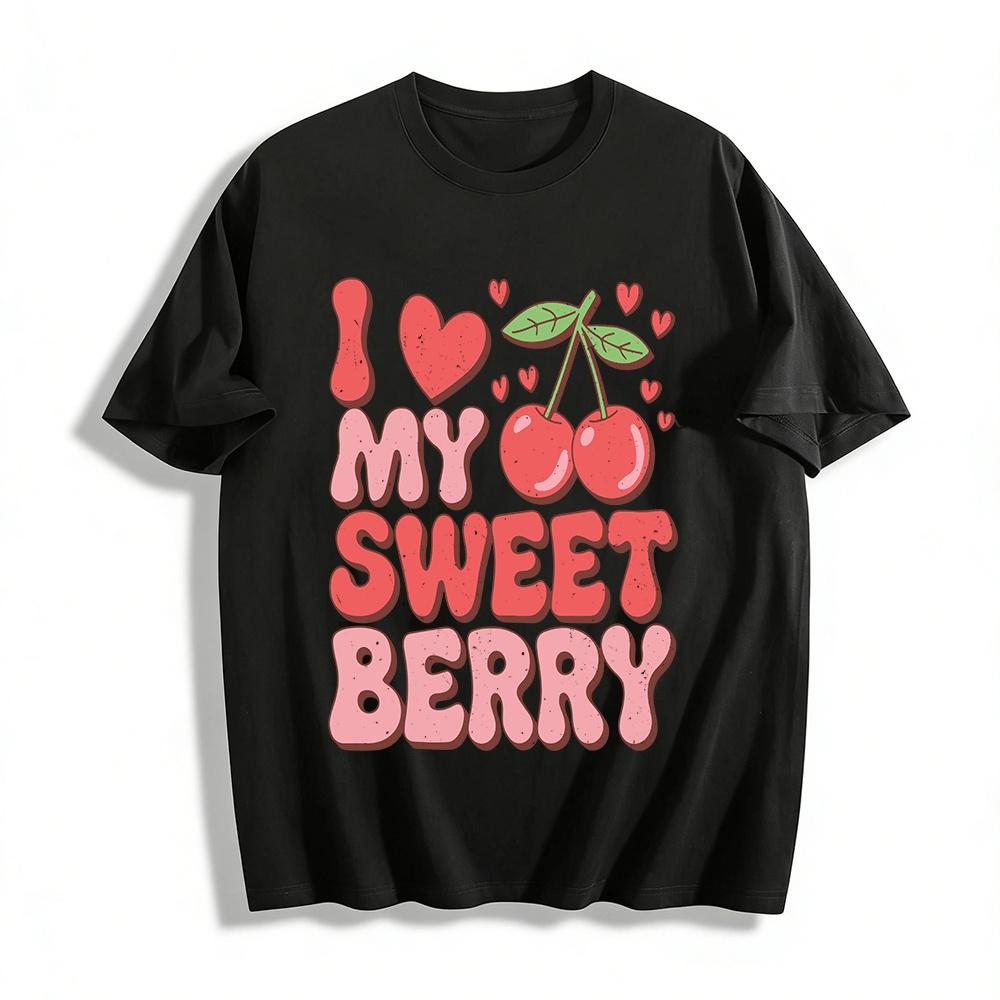 

I Love My Berry Cute Cherry Heart Print Casual Couple Top Pure cotton T-shirt XXS