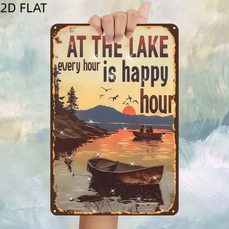 Tin Sign At The Lake Every Hour Is Happy Hour Vintage Fishing Cabin Wall Decor Rustic Metal Plaque for Man Cave Bar Pub Garag