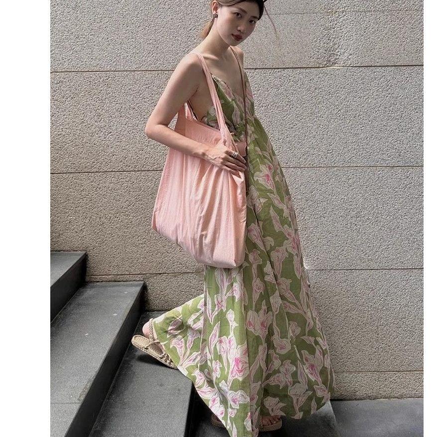 Holiday Beautiful Small Skirt Seaside Fashion Printing Halter Strap Dress Design Sense High Waist Long Dress