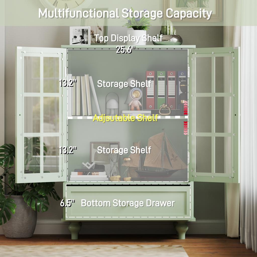 Minimalist buffet cabinet with two glass doors and drawers, wooden sideboard for living room, dining room, hallway and entrance area (mint green)