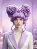 Peruca Sintética Cacheada Roxo Claro com Duas Coques e Franja Feminina Doce Anime Festa de Halloween Fantasia Cosplay Acessório de Cabelo