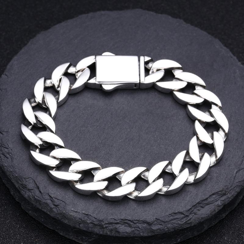 BOCAI S925 Sterling Silver Bracelets for Men Glossy 12mm Cuban Link Chain Flat Wide Bangle Fashion Jewelry