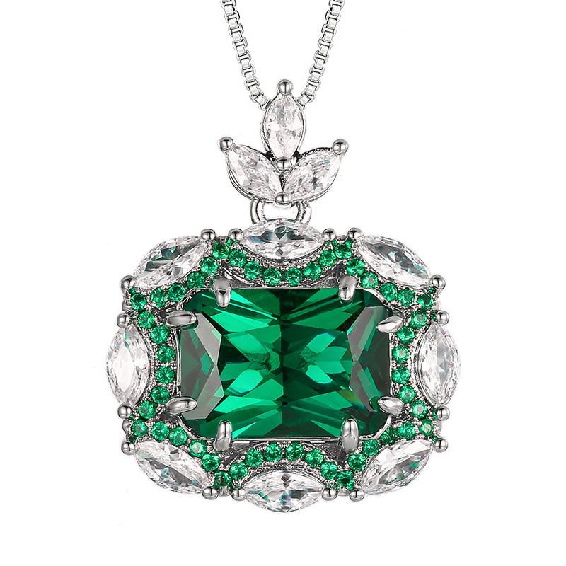 Womens Fashion Jewelry Set With Green Gemstone Zircon Accents Necklace Earrings Ring In Geometric Square Design